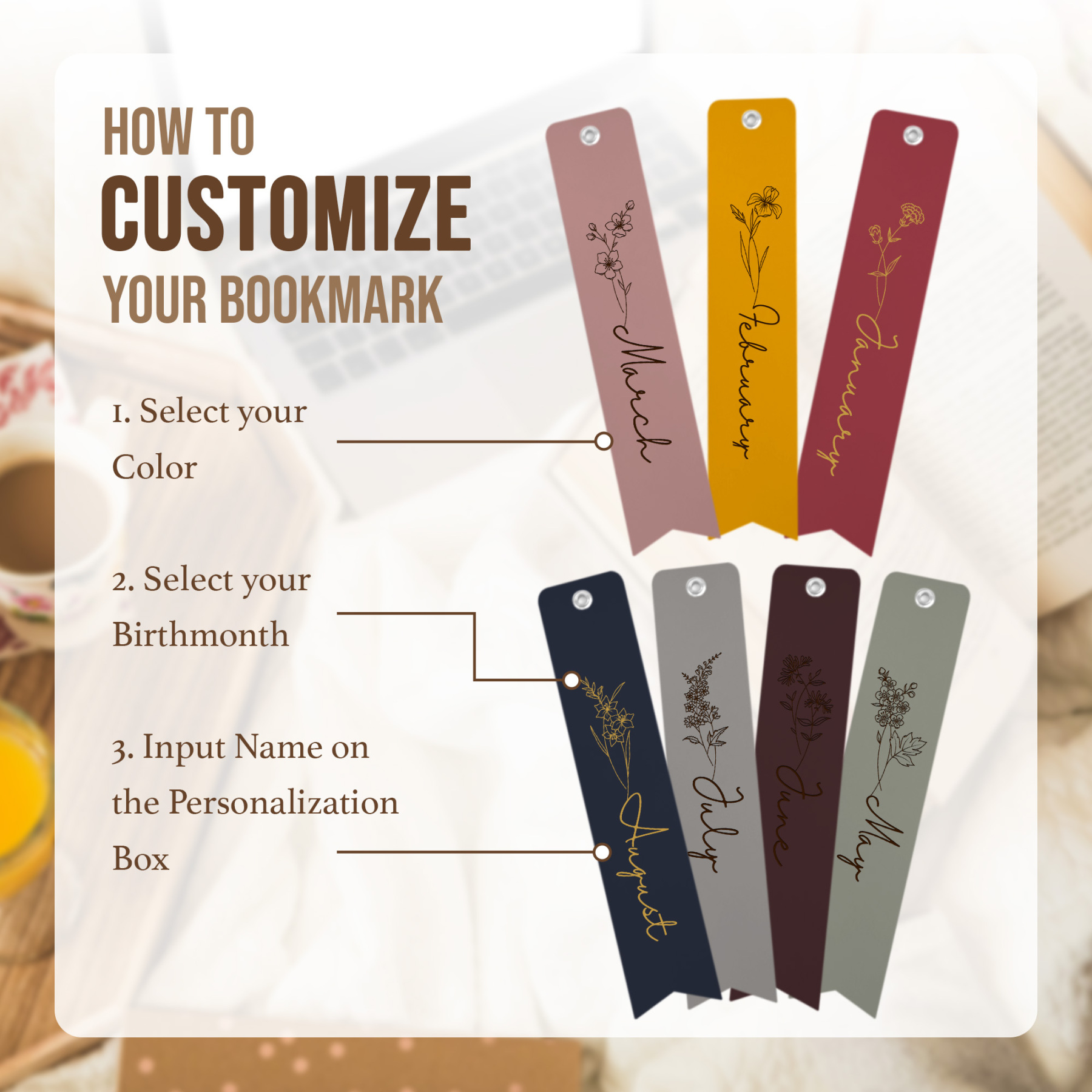  Custom Name Book Mark with Birth Month Flower