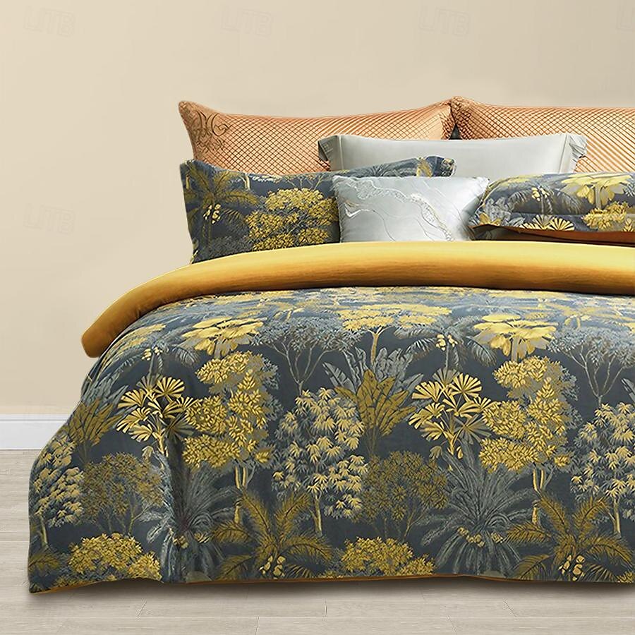 100% Cotton Forest Wonderland Duvet Cover Set Double Layer Gauze Tropical Pattern Set Soft 4-Piece Luxury Bedding Set