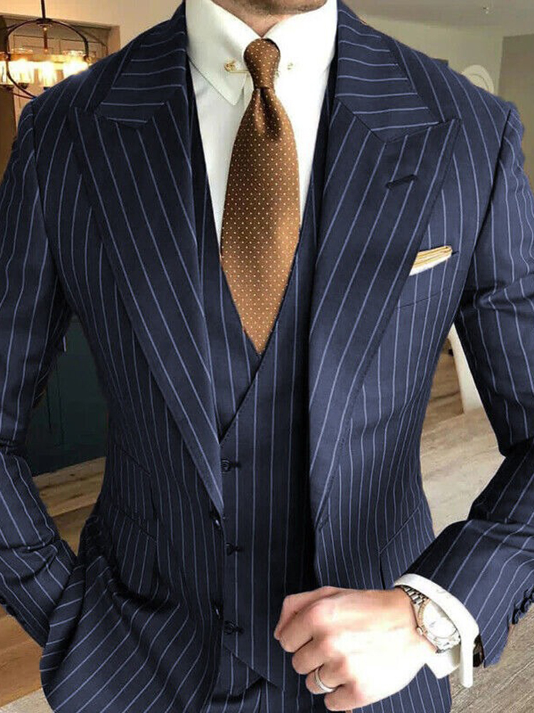 Black Blue Men's Striped Wedding Suits 3 Piece Tailored Fit Single Breasted Two-buttons 2024