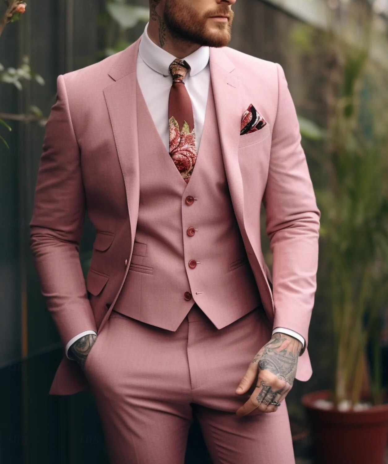 Pink Purple Men's Prom Suits Wedding Suits Solid Colored 3 Piece Tailored Fit Single Breasted One-button 2024