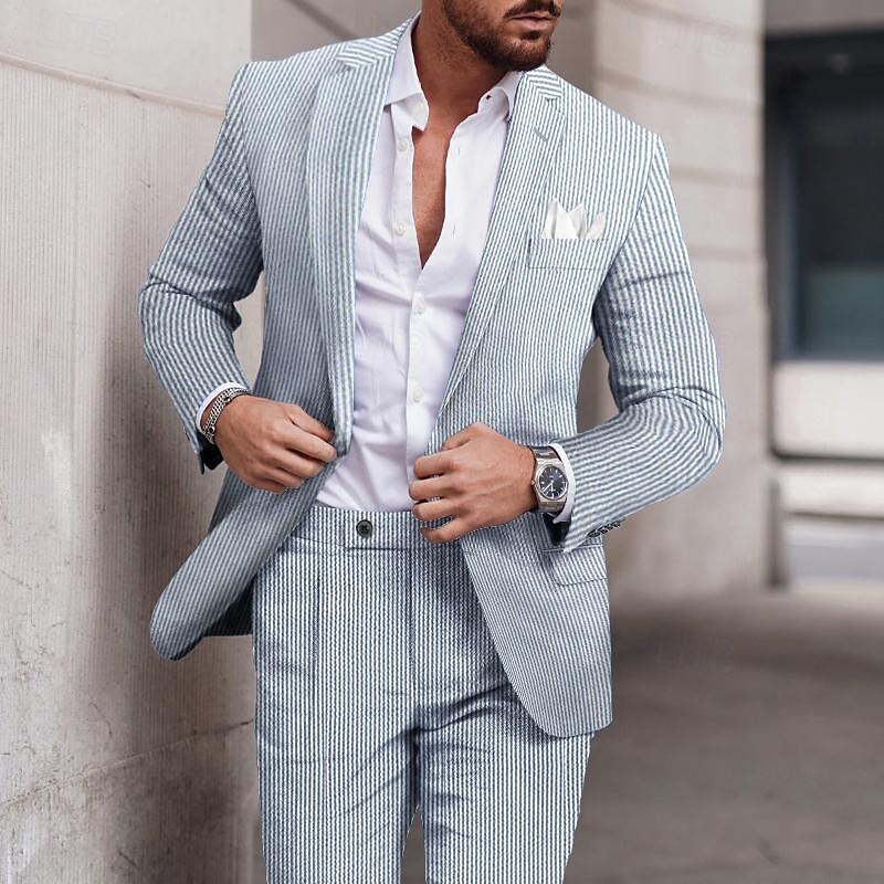 Light Blue Men's Seersucker Wedding Derby Suits Striped Pinstripe 2 Piece Daily Lightweight Suits Casual Plus Size Single Breasted One-button 2024