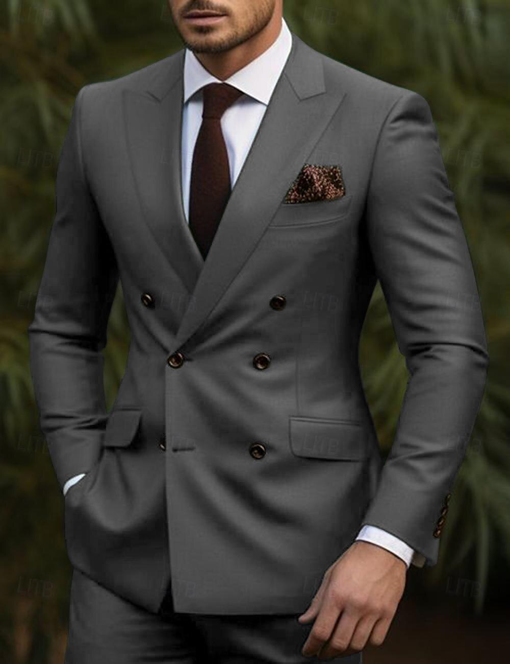 Grey Men's Wedding Suits 2 Piece Business  Double Breasted Six-buttons 2024