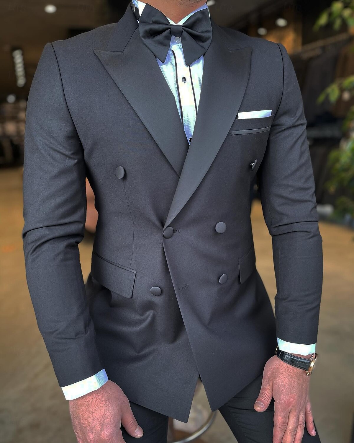 Black Men's Wedding Prom Suits Solid Colored 2 Piece Formal Tailored Fit Double Breasted Six-buttons 2024