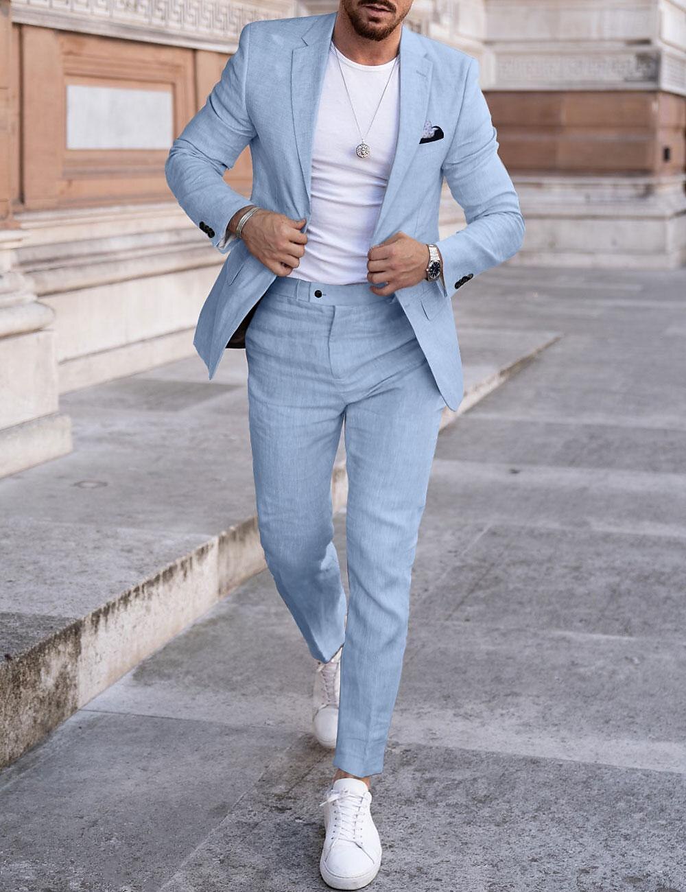 Sky Blue Light Grey Dark Blue Men's Wedding Linen Suits Solid Colored 2 Piece Tailored Fit Single Breasted One-button 2024