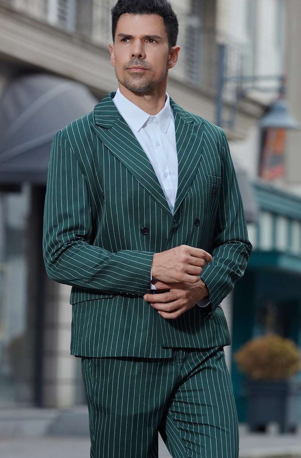 Green Men's Wedding Suits Striped 2 Piece Double Breasted Six-buttons 2024