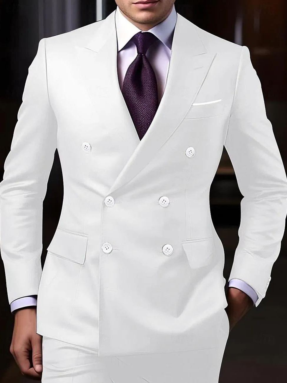 Purple Men's Wedding Suits 2 Piece Solid Colored Tailored Fit Double Breasted Six-buttons 2024
