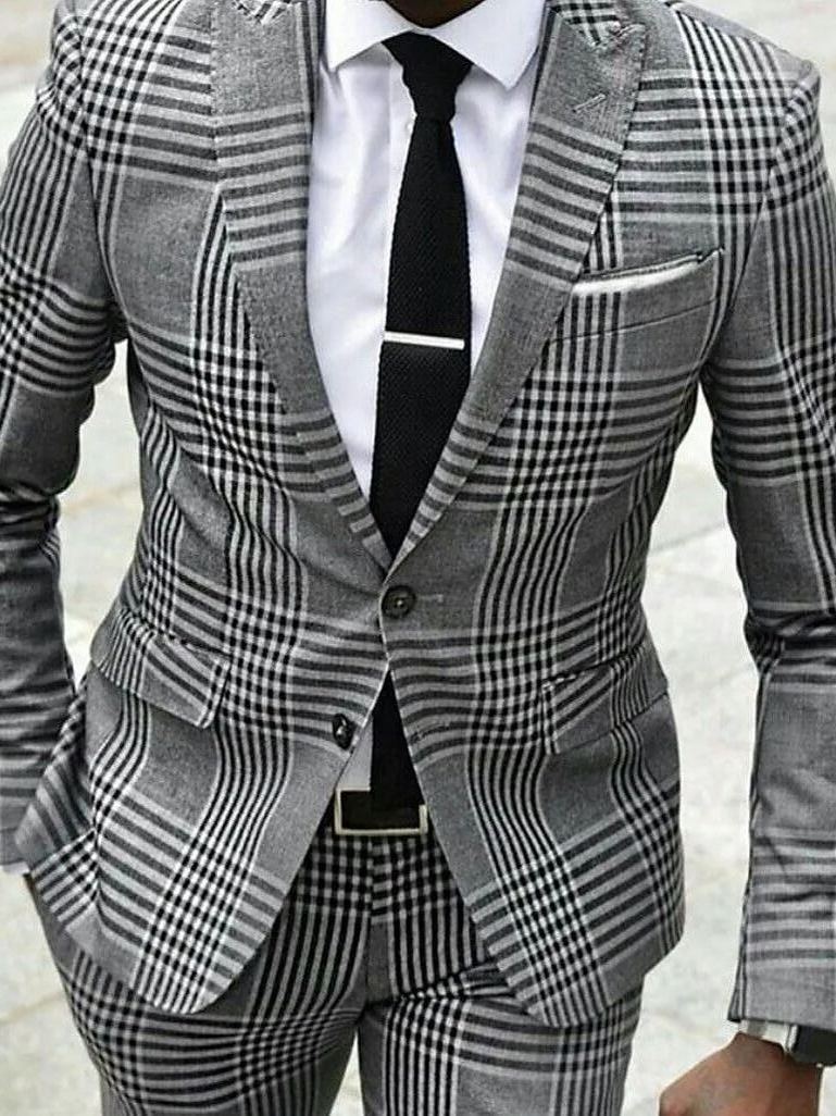 Gray Men's Wedding Suits 2 Piece Plaid Checkered Tailored Fit Single Breasted Two-buttons 2024