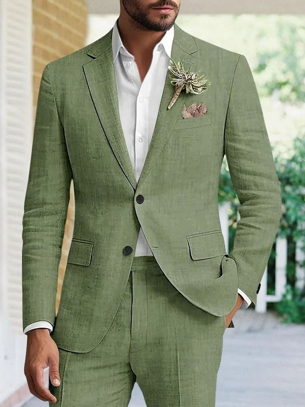 Men's Linen Suits 2 Piece Single Breasted Two-buttons 2024
