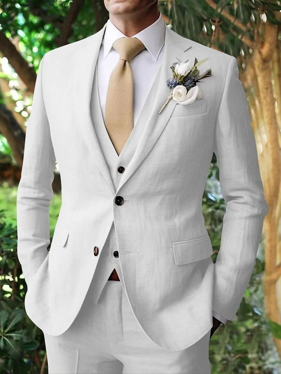 Men's Wedding Linen Suits 3 Piece Single Breasted Two-buttons 2024