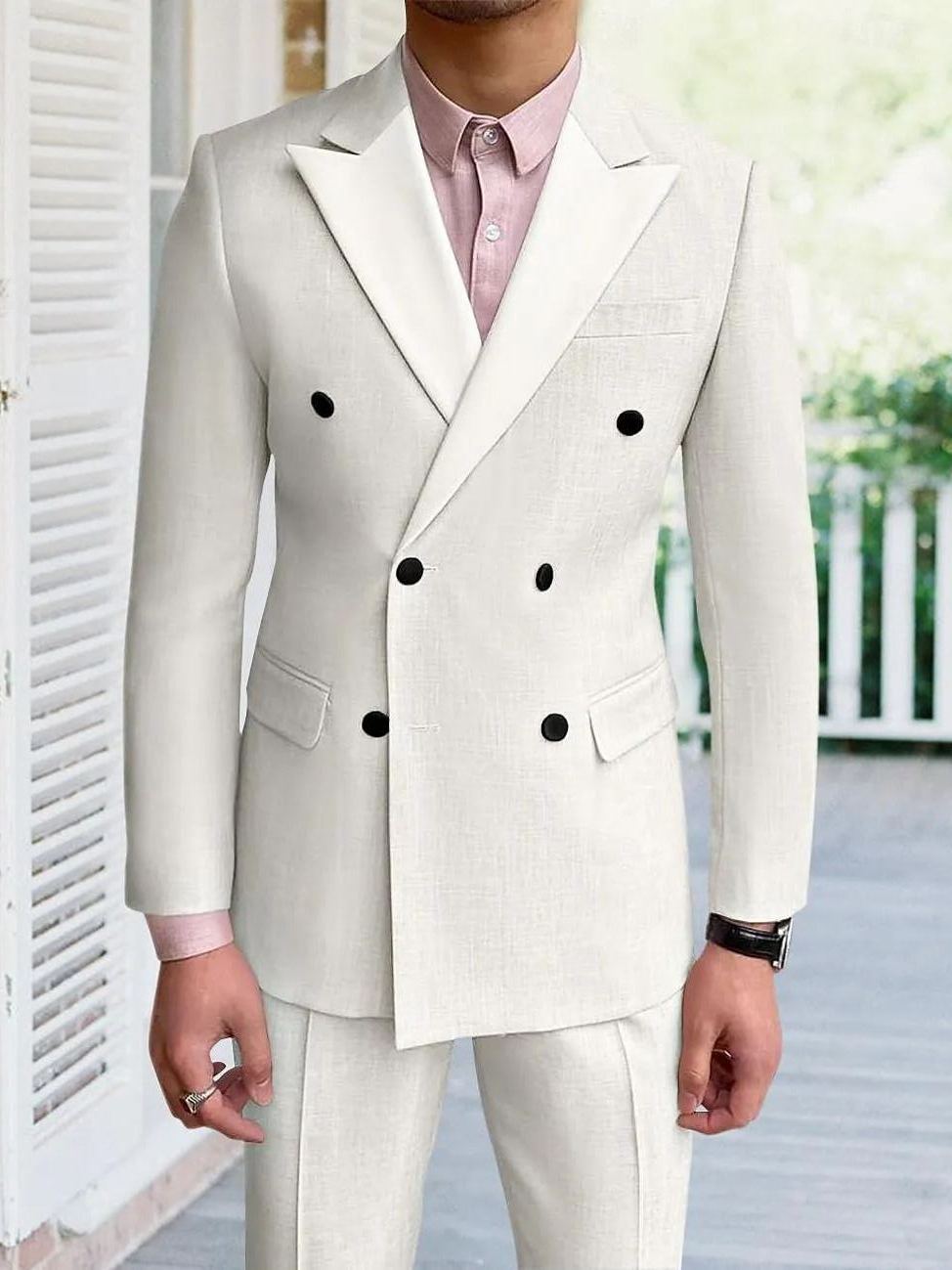 Men's Wedding Linen Suits 2 Piece Double Breasted Six-buttons 2024