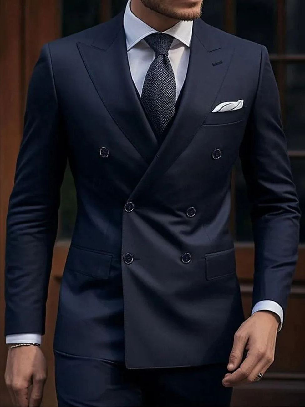 Dark Blue Men's Wedding Suits Solid Colored 2 Piece Plus Size Daily Tailored Fit Double Breasted Six-buttons 2024