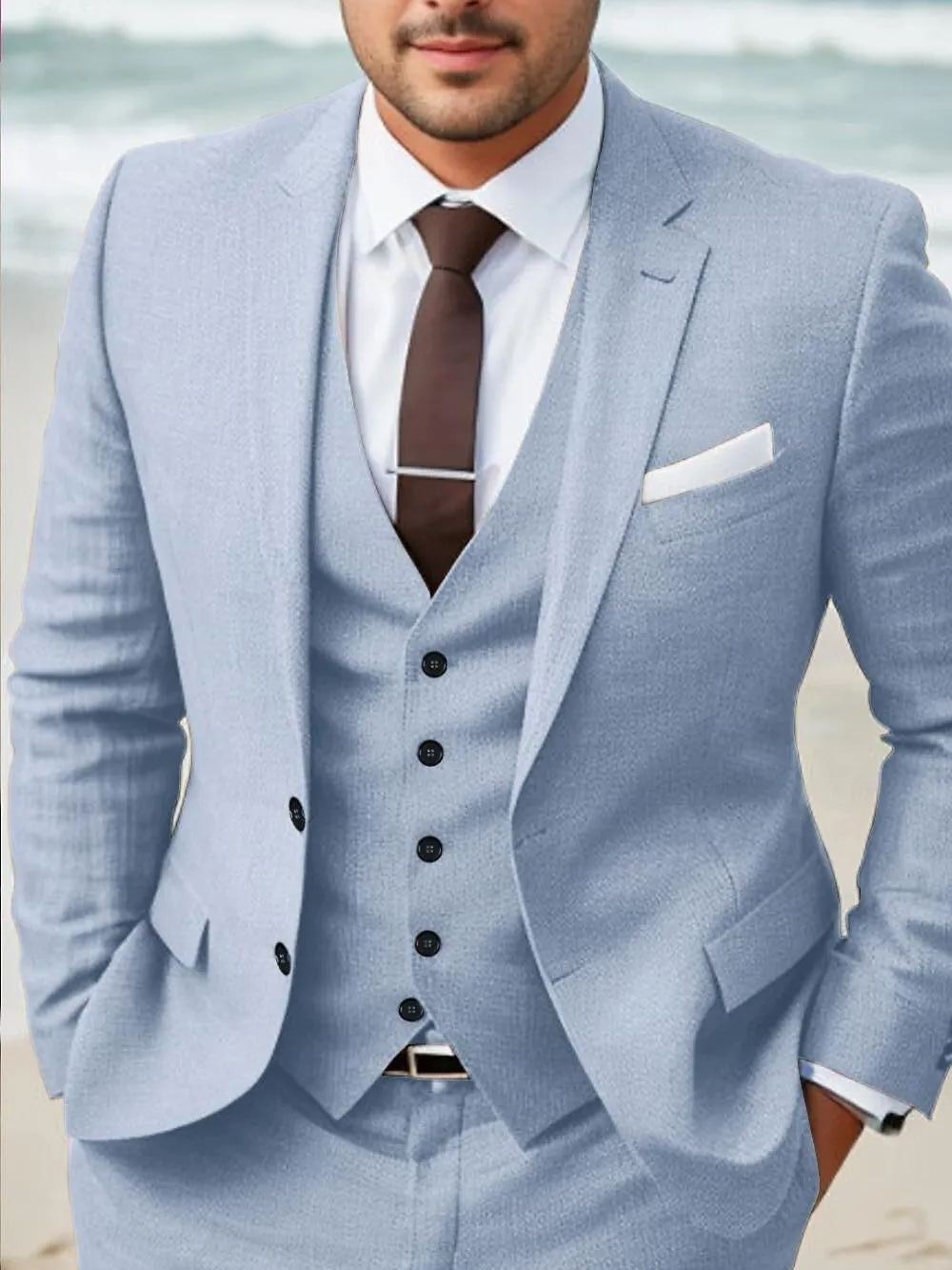Sky Blue Khaki Men's Wedding Linen Suits Solid Colored 3 Piece Tailored Fit Single Breasted Two-buttons 2024