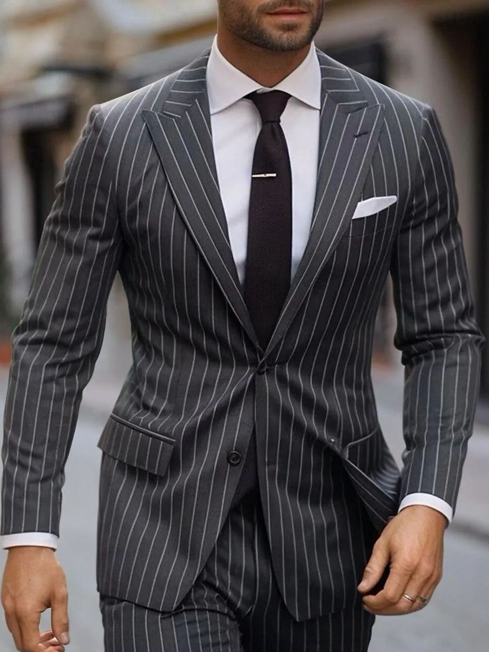 Black Men's Wedding Suits Striped 2 Piece Fashion Business Tailored Fit Single Breasted Two-buttons 2024