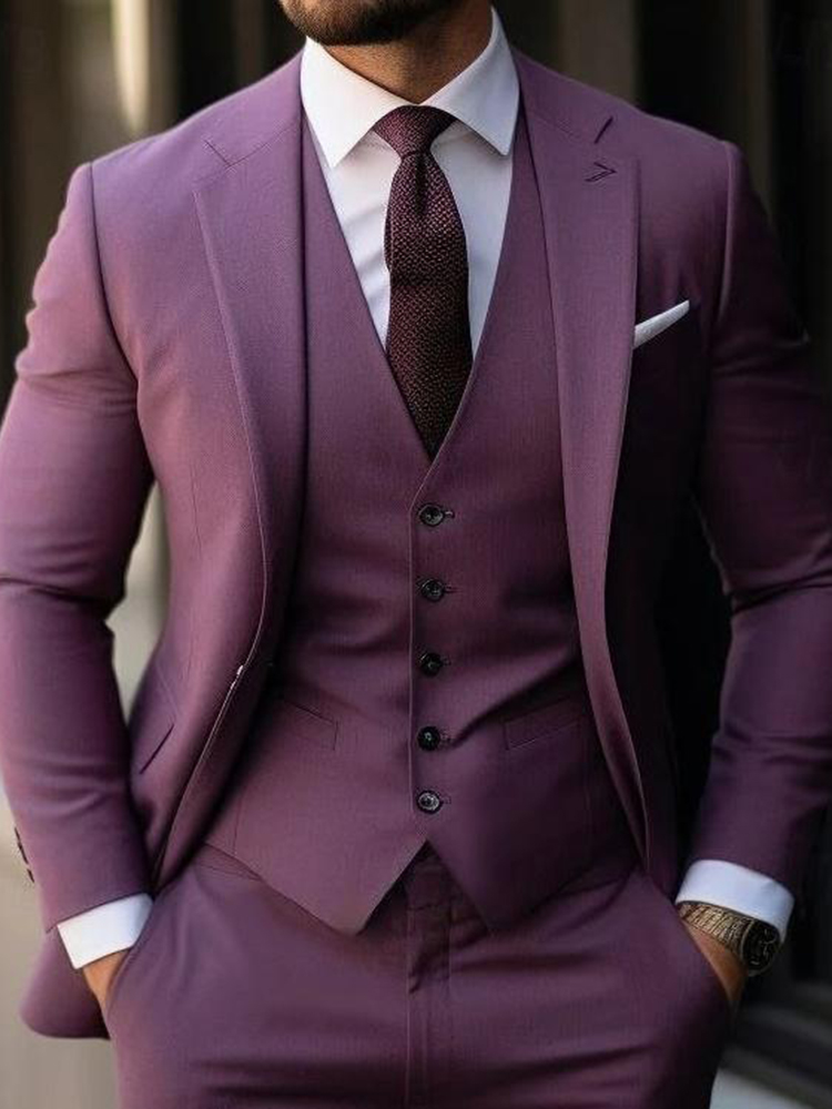 Purple Men's Wedding Prom Suits Solid Colored 3 Piece Daily Lightweight Casual Plus Size Single Breasted Two-buttons 2024