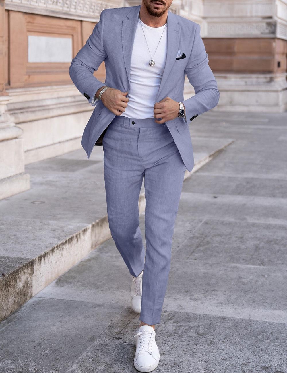 pea green Sky Blue Light Grey Men's Wedding Linen Suits Solid Colored 2 Piece Tailored Fit Single Breasted One-button 2024