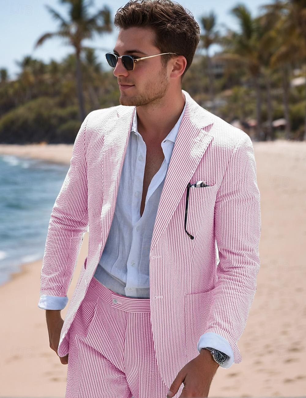Seersucker Pink Sky Blue Men's Derby Beach Wedding Suits Solid Colored 2 Piece Standard Fit Single Breasted Two-buttons 2024