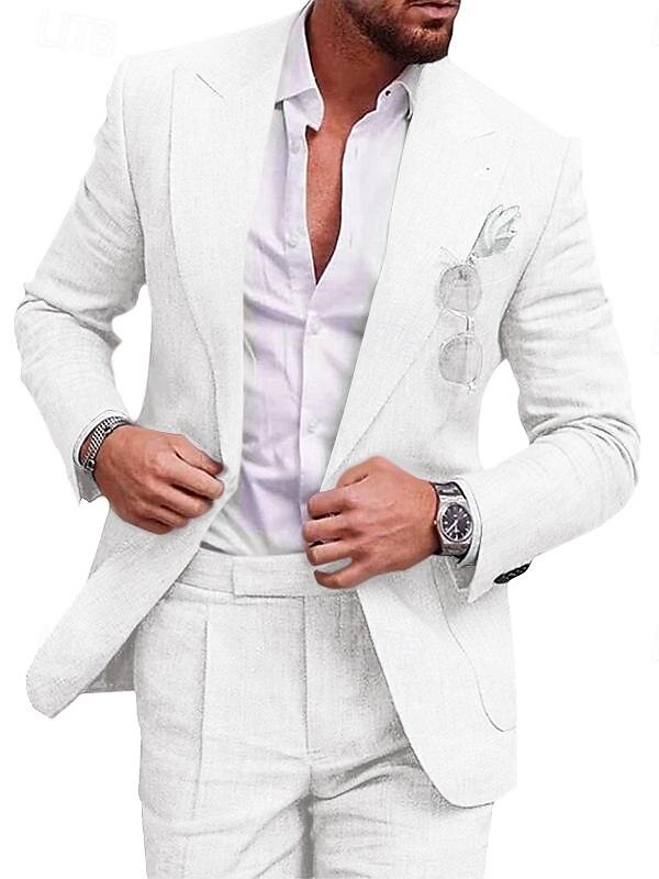 Men's Linen Suits Beach Wedding Summer Suits Solid Colored 2 Piece Tailored Fit One-Button Champagne Beige 2024