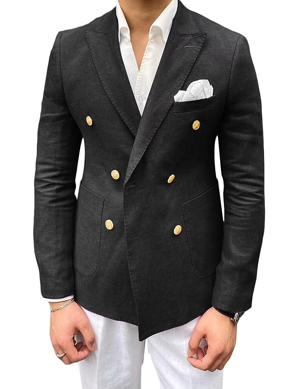 Men's Linen Blazer Jacket Beach Wedding Casual Tailored Fit Solid Colored Double Breasted Six-buttons Black Pink khaki Dark Blue Light Blue 2024