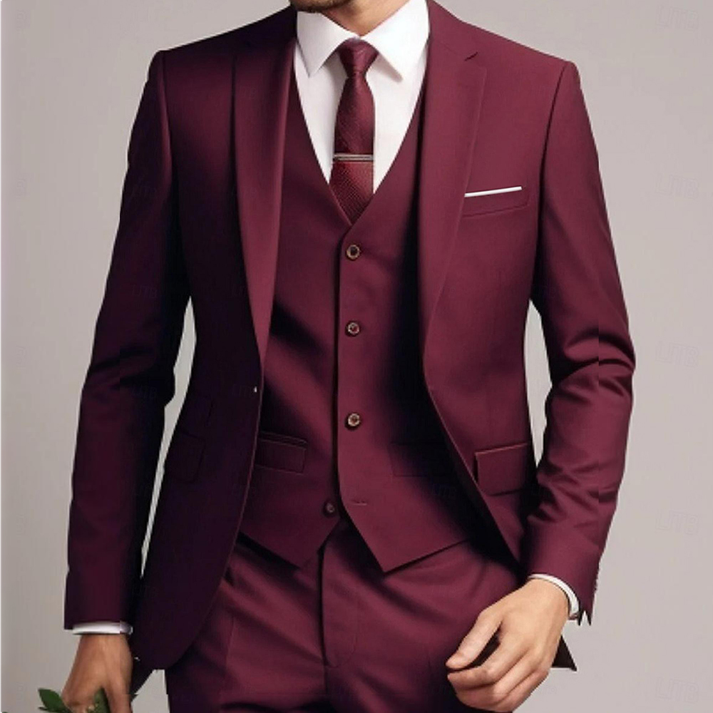 Red Burgundy Dark Green Men's Wedding Suits Solid Colored 3 Piece Party Dress Tailored Fit Single Breasted Two-buttons 2024