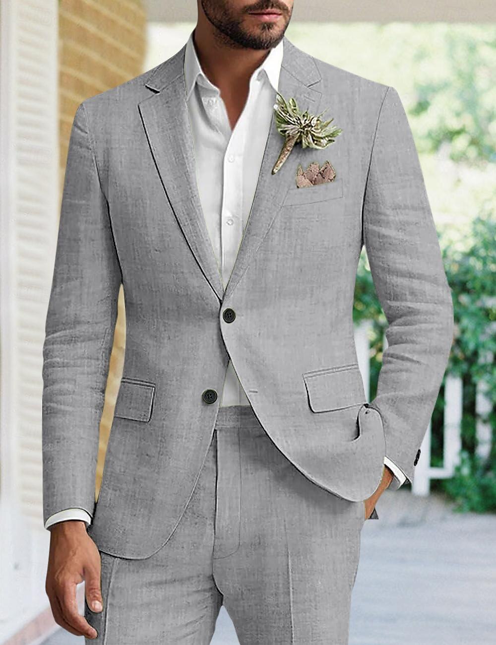  Men's Wedding Linen Suits Solid Colored 2 Piece Tailored Fit Single Breasted Two-buttons 2024