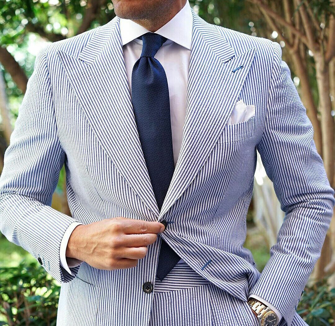 Light Blue Men's Seersucker Suits Spring Summer Beach Wedding Pinstripe Suits Champagne Gray Suits 2 Piece Solid Colored Standard Fit Single Breasted Two-buttons 2024