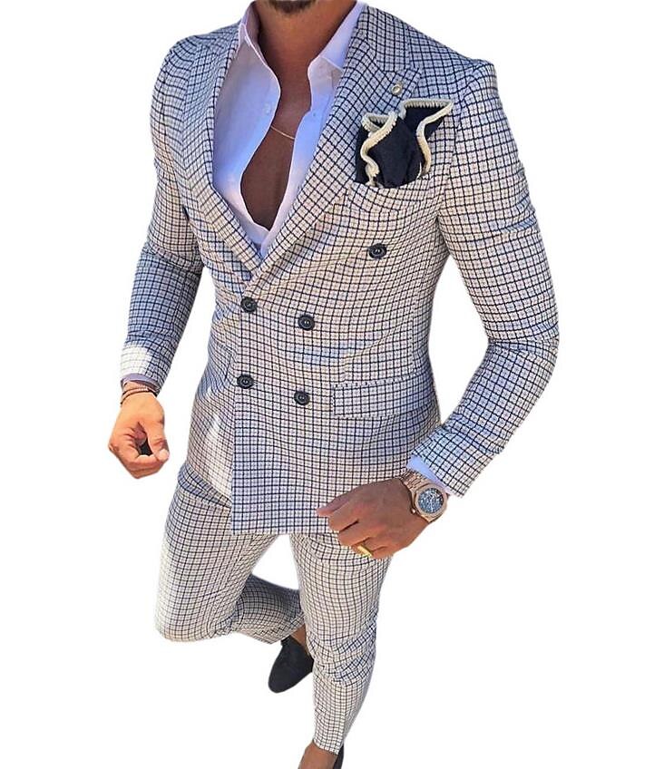 Silver White Pink Men's Prom Suits Wedding Suits Checkered 2 Piece Standard Fit Double Breasted Six-buttons 2024