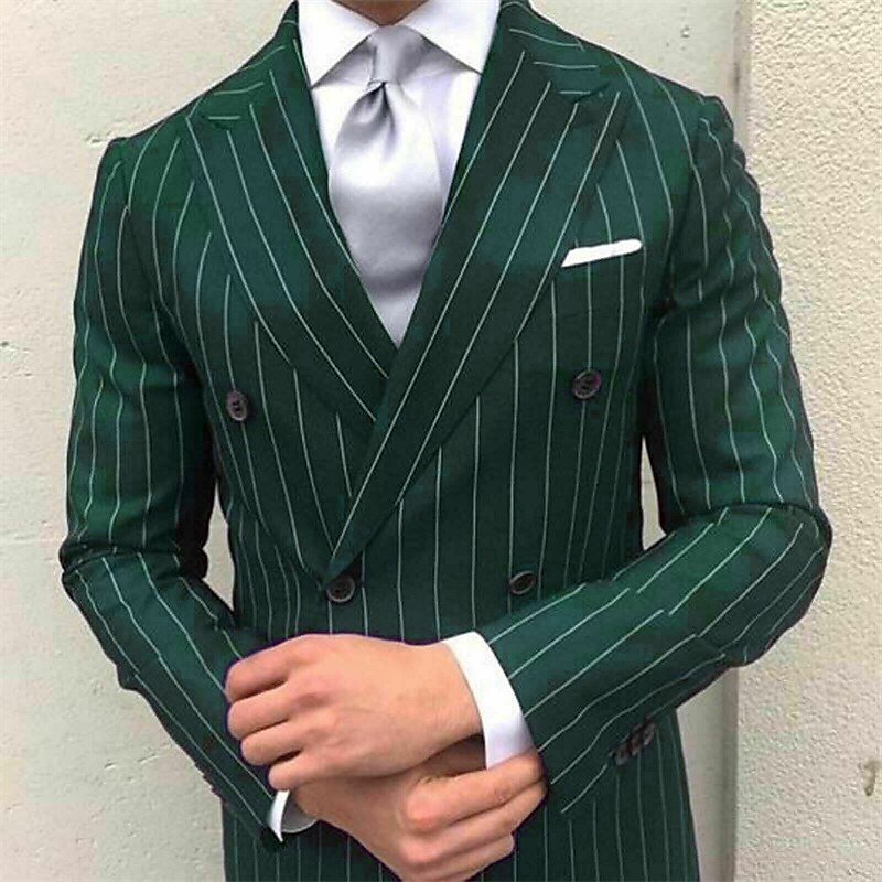 Green Black Burgundy Men's Prom Suits Derby Wedding Suits Pinstripe Peak Lapel Business Formal Striped Suits 2 Piece Fashion Plus Size Double Breasted Six-buttons 2024