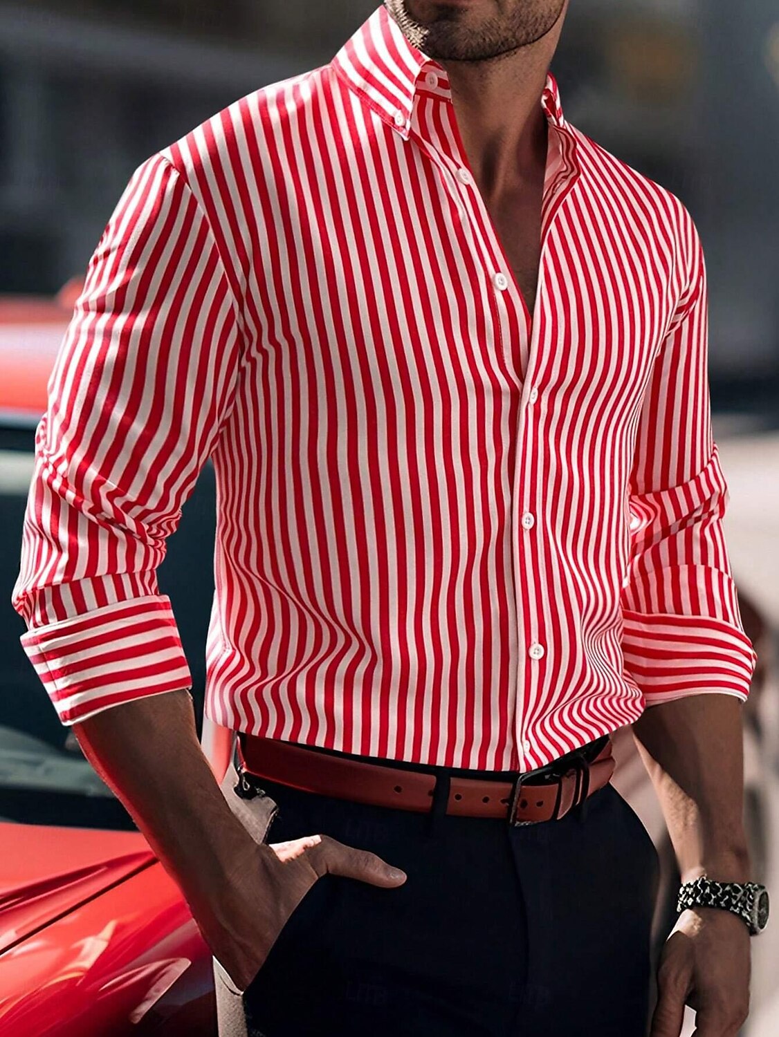 Men's Dress Shirt Regular Fit Long Sleeve Lapel Striped Cotton Blend Black Red Blue 2024