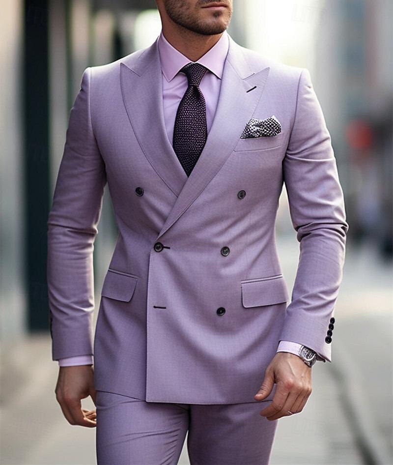 Champagne Burgundy Grape Men's Wedding Suits Solid Colored 2 Piece Daily Business Tailored Fit Double Breasted Six-buttons 2024