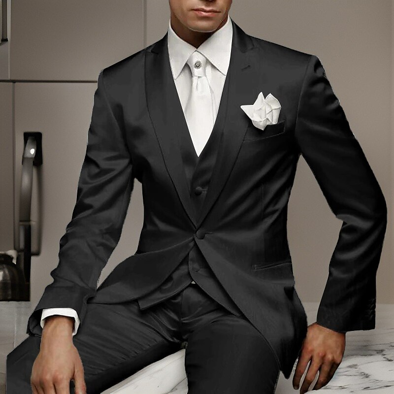 Black White Satin Men's Prom Suits Wedding Party Silk Red Suits Solid Colored 3 Piece Tailored Fit Single Breasted One-button 2024