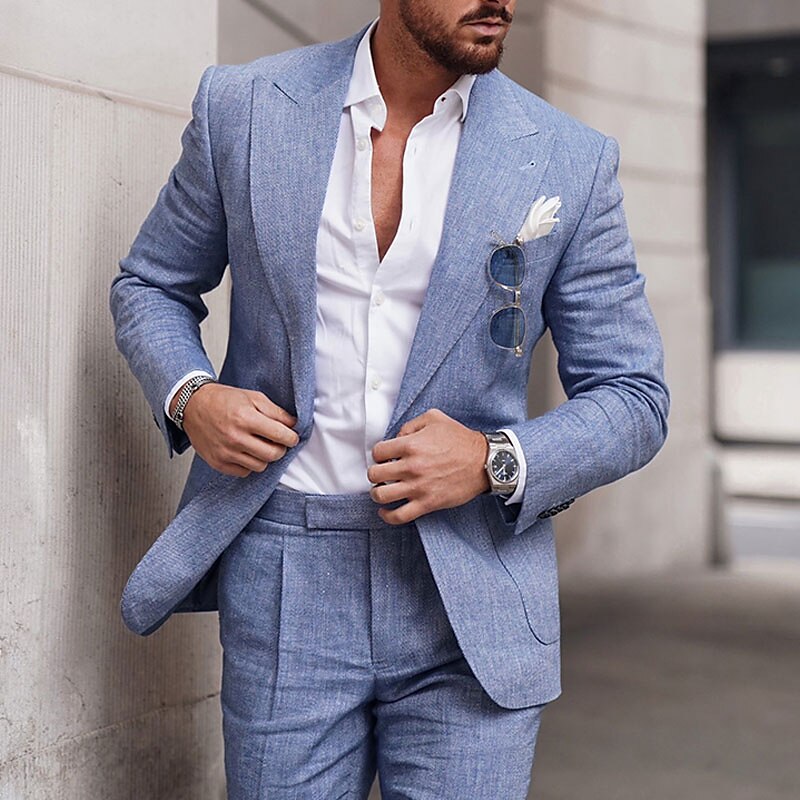Blue Dark Blue Dark Gray Men's Wedding Beach Summer Linen Suits Solid Colored 2 Piece Tailored Fit Single Breasted One-button 2024