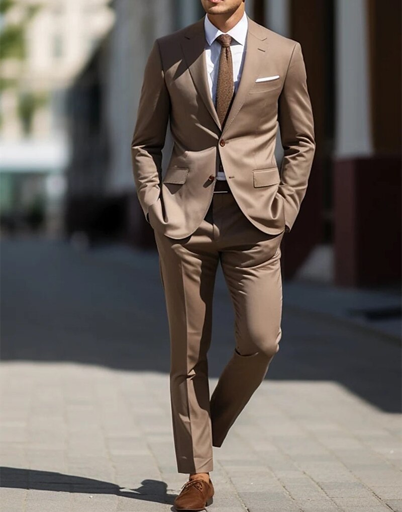 Brown Men's Wedding Suits Solid Colored 2 Piece Daily Business Plus Size Single Breasted Two-buttons 2024