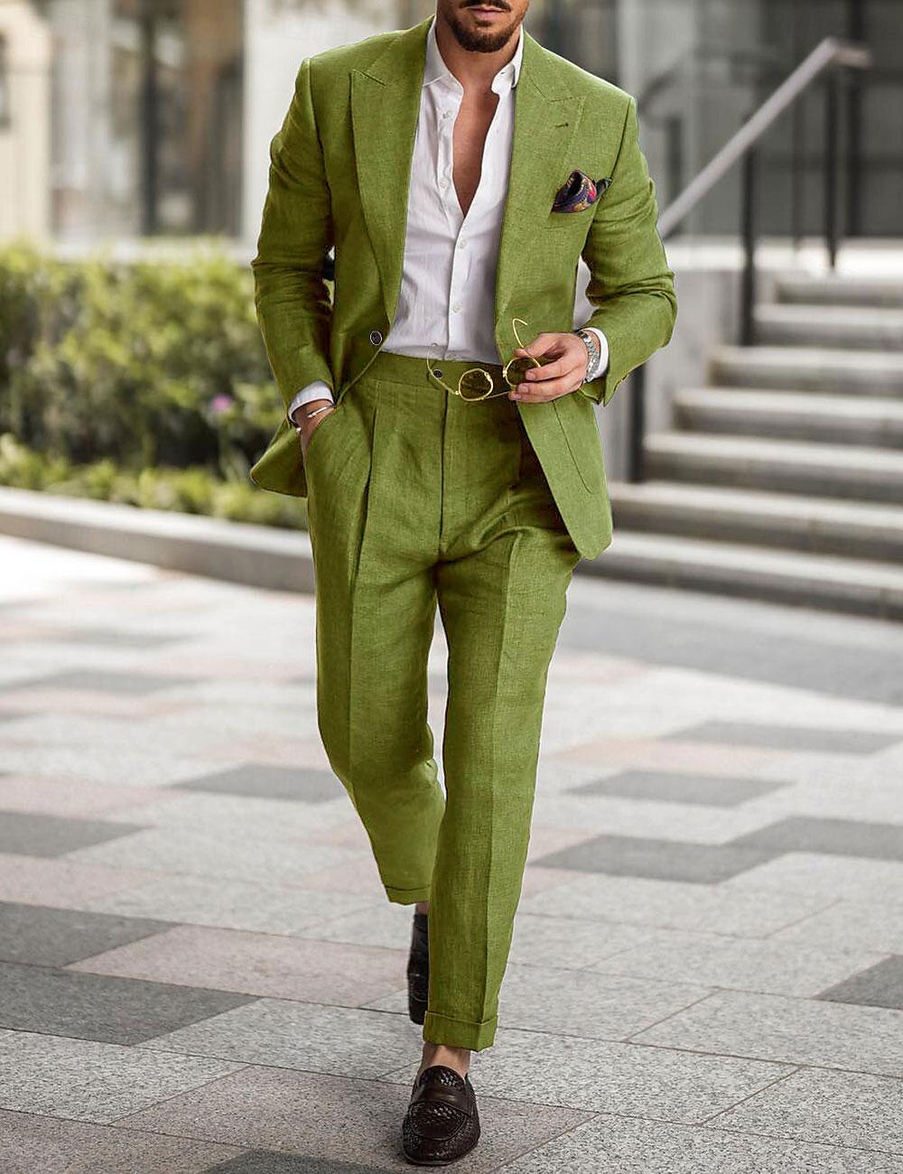pea green Khaki Men's Wedding Linen Linen Suits Solid Colored 2 Piece Tailored Fit Single Breasted One-button 2024