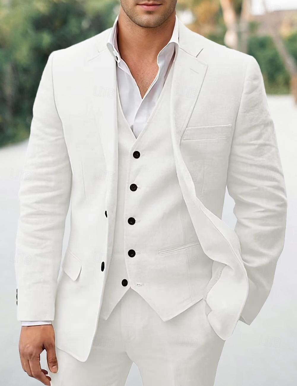 White Men's Wedding Linen Suits 3 Piece Single Breasted Two-buttons 2024