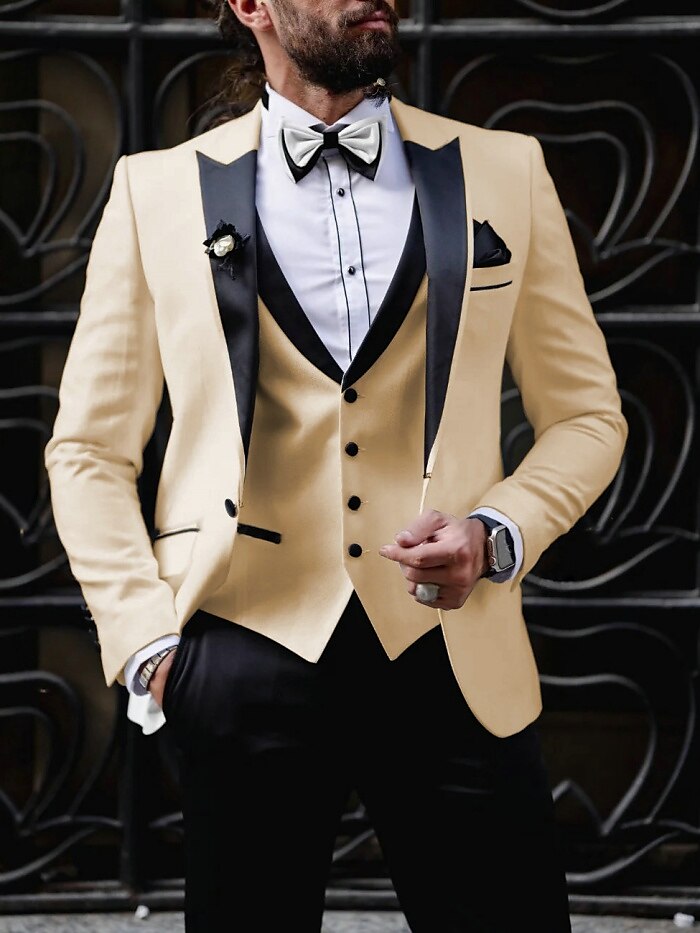 Light Yellow Light Blue White Men's Wedding Party Suits Solid Colored 3 Piece Tailored Fit Single Breasted One-button 2024