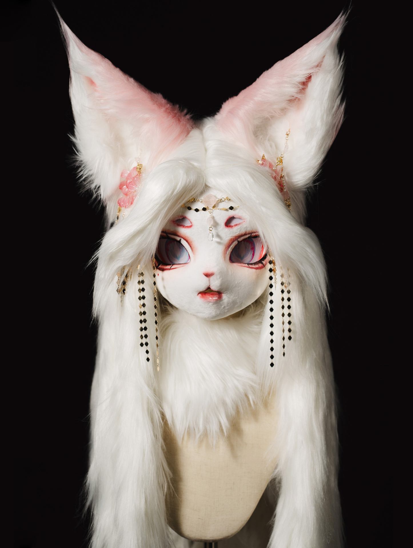 Pink White Fox Wiggly Ears Mask Fursuit Head