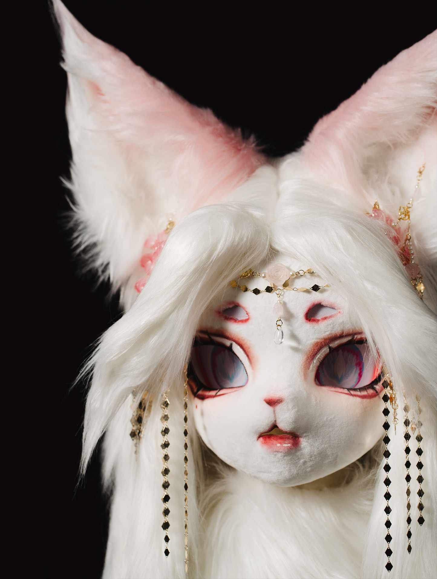 Pink White Fox Wiggly Ears Mask Fursuit Head