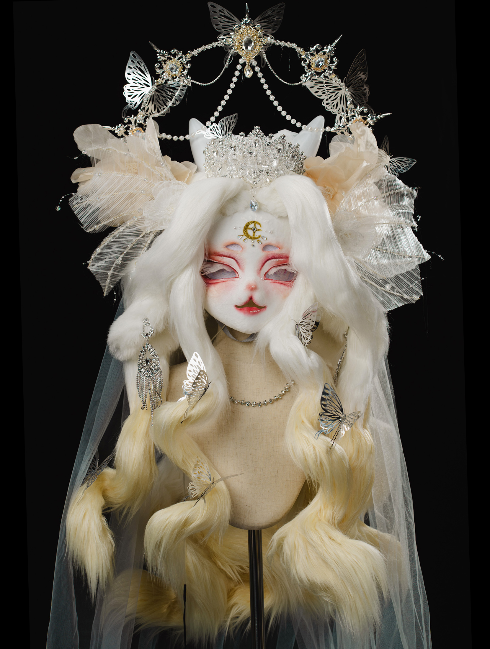 Blonde Crystal Crown Butterfly Mask Fursuit Head