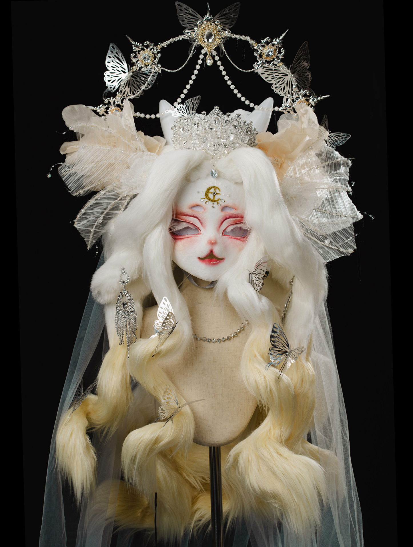 Blonde Crystal Crown Butterfly Mask Fursuit Head