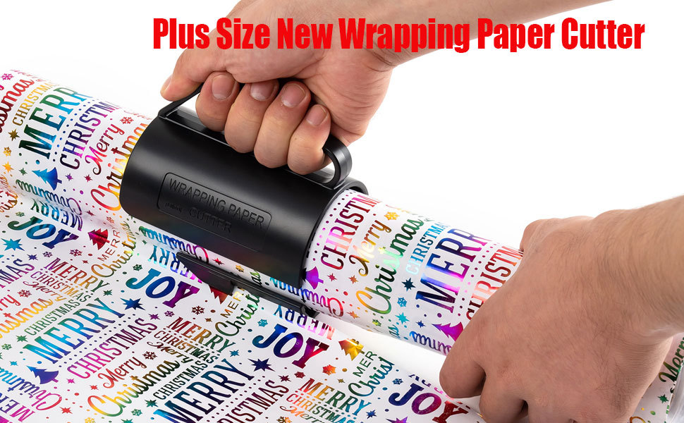 PLUS SIZE 3.0 INCH Wrapping Paper Roll Cutter, Black Wrapping Paper Cutter Tool with Handle Push Cut Easy Sliding Birthday Gift Wrap Paper Roll Dispenser and Cutter Holder