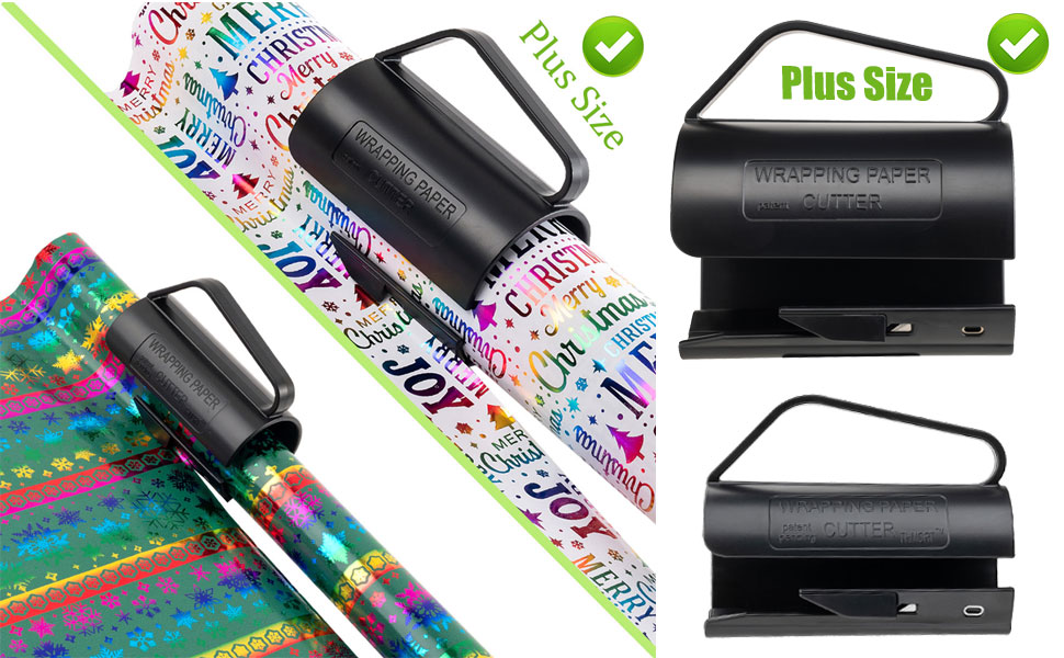 PLUS SIZE 3.0 INCH Wrapping Paper Roll Cutter, Black Wrapping Paper Cutter Tool with Handle Push Cut Easy Sliding Birthday Gift Wrap Paper Roll Dispenser and Cutter Holder