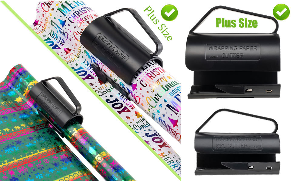 PLUS SIZE 3.0 INCH Wrapping Paper Roll Cutter, Black Wrapping Paper Cutter Tool with Handle Push Cut Easy Sliding Birthday Gift Wrap Paper Roll Dispenser and Cutter Holder