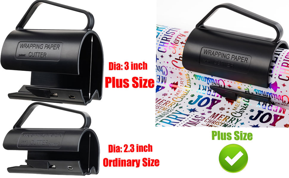 PLUS SIZE 3.0 INCH Wrapping Paper Roll Cutter, Black Wrapping Paper Cutter Tool with Handle Push Cut Easy Sliding Birthday Gift Wrap Paper Roll Dispenser and Cutter Holder