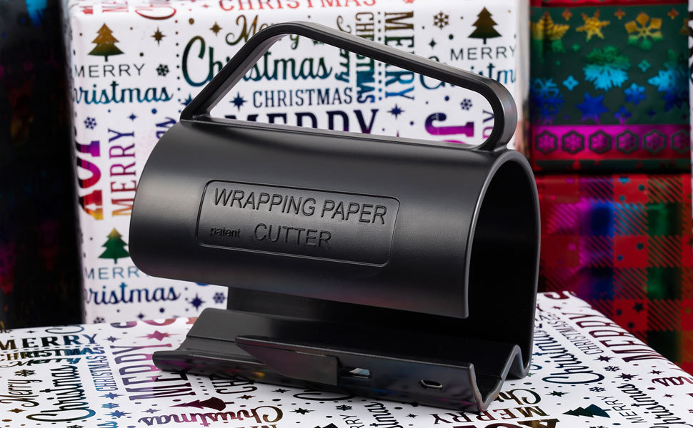 PLUS SIZE 3.0 INCH Wrapping Paper Roll Cutter, Black Wrapping Paper Cutter Tool with Handle Push Cut Easy Sliding Birthday Gift Wrap Paper Roll Dispenser and Cutter Holder