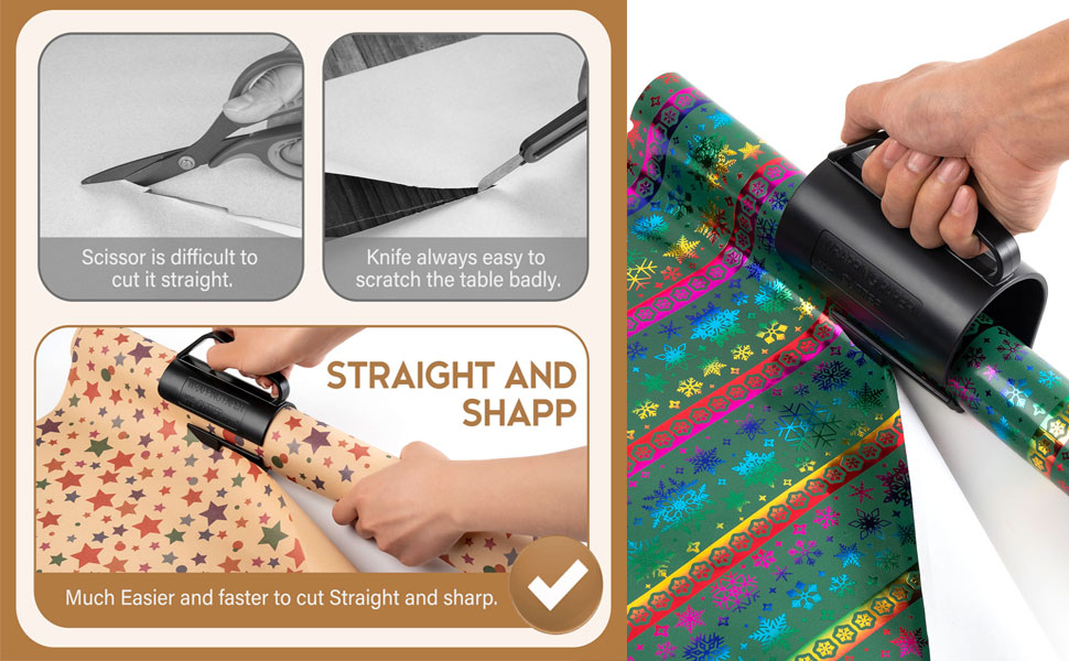 PLUS SIZE 3.0 INCH Wrapping Paper Roll Cutter, Black Wrapping Paper Cutter Tool with Handle Push Cut Easy Sliding Birthday Gift Wrap Paper Roll Dispenser and Cutter Holder