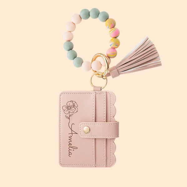 Personalized Birth Flower Keychain Wristlet Leather Wallet with Beaded Bracelet and Name Birthday Mother's Day Gift for Her