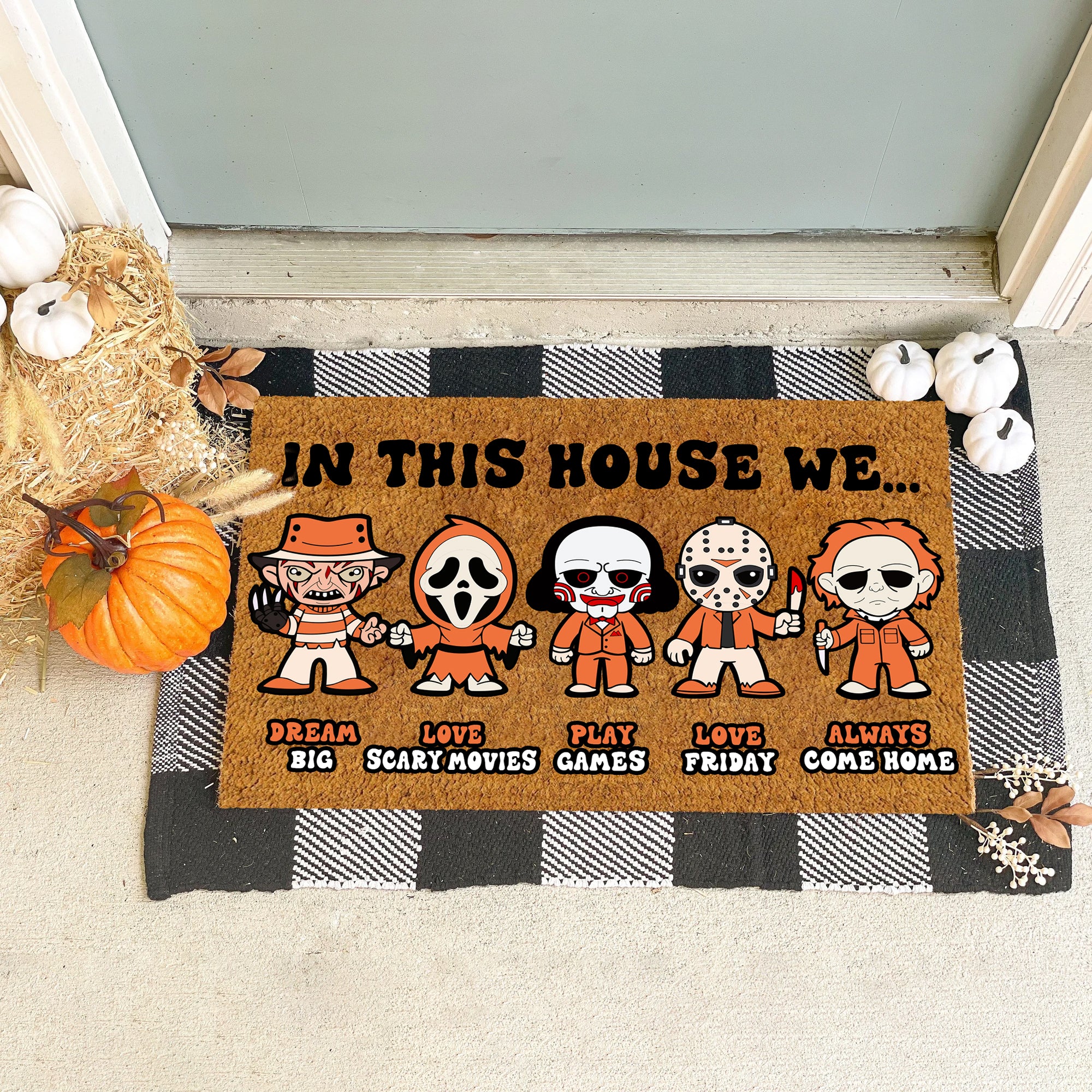 In This House We Horror Funny Halloween Doormat, Halloween Gifts, Halloween Decor