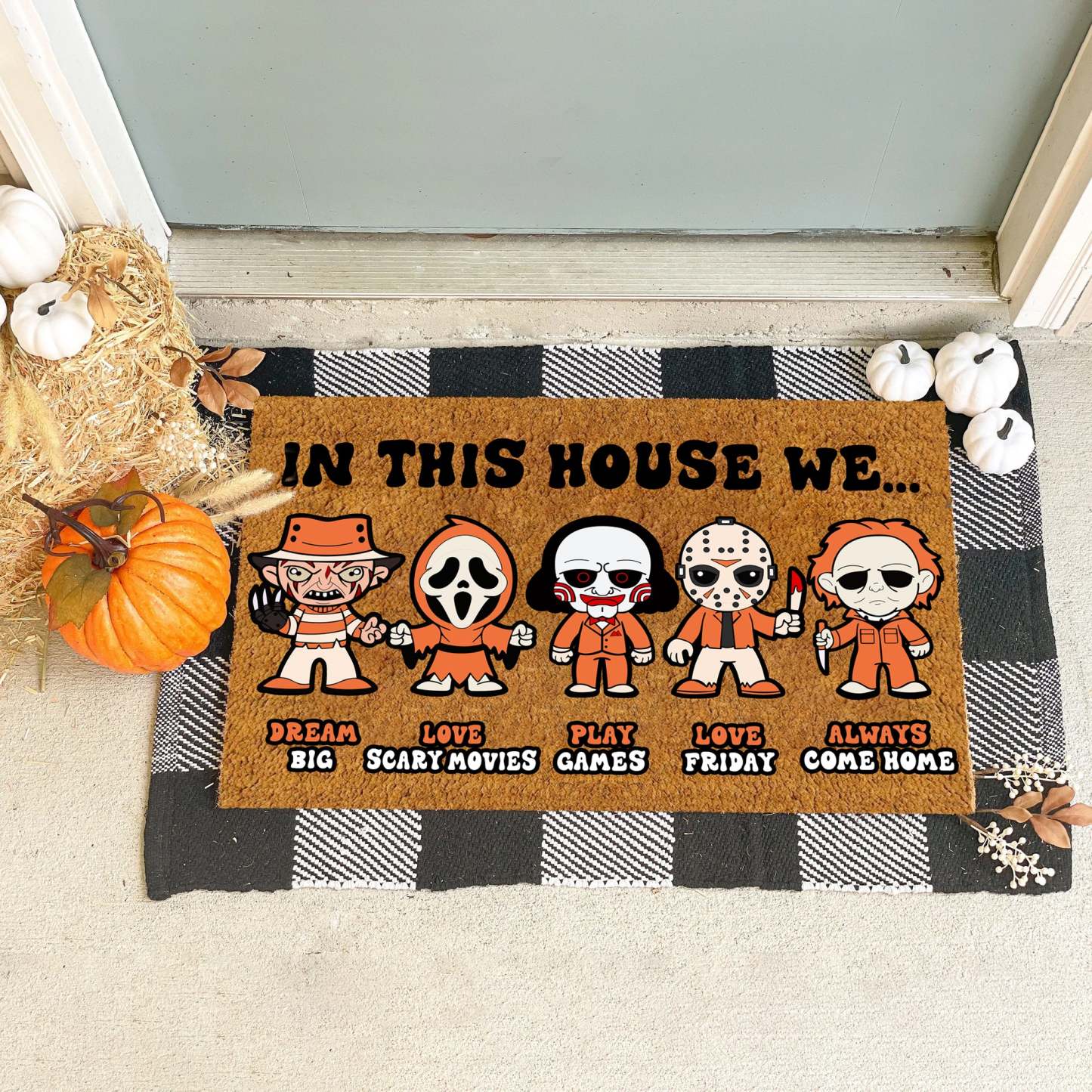In This House We Horror Funny Halloween Doormat, Halloween Gifts, Halloween Decor