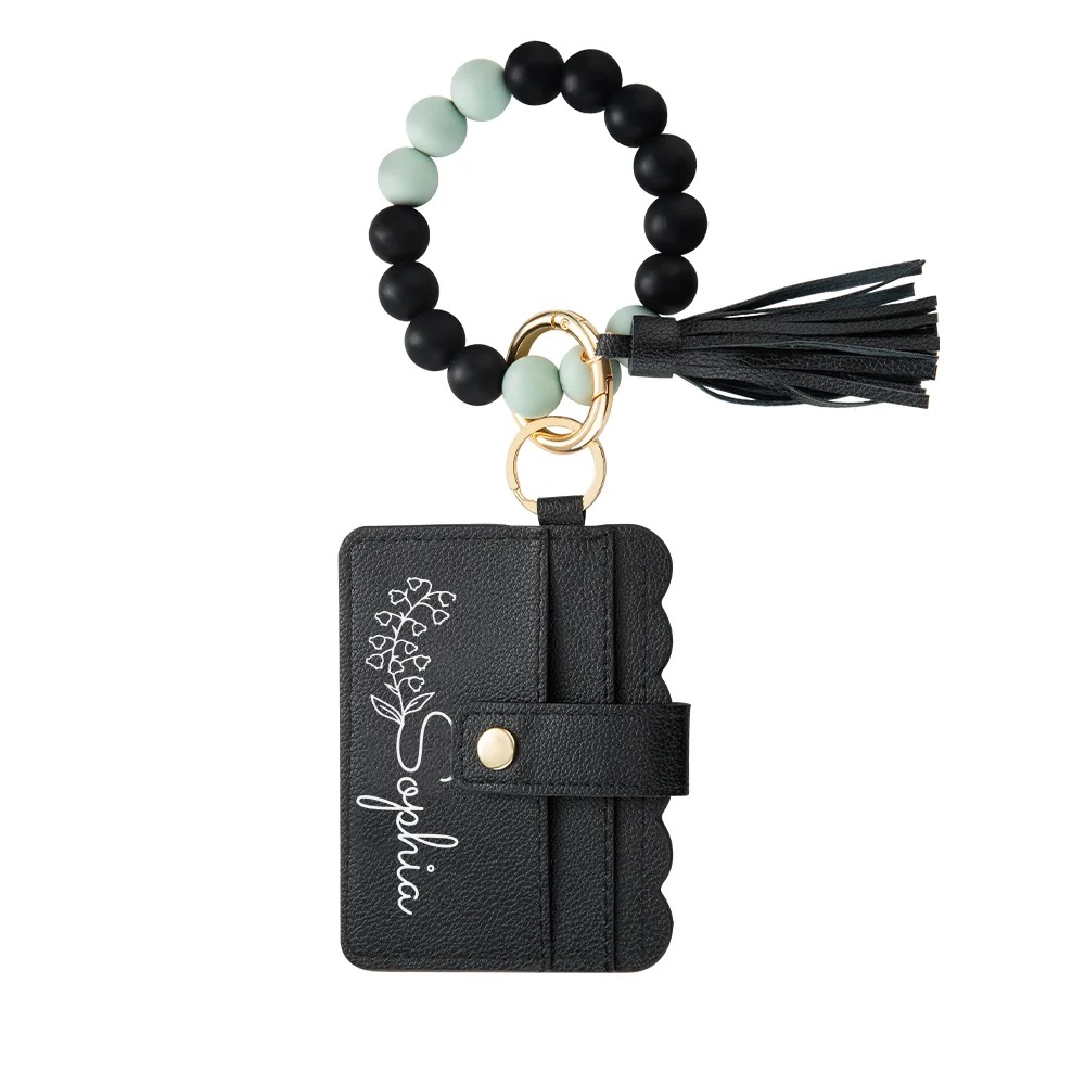 Personalized Birth Flower Keychain Wristlet Leather Wallet with Beaded Bracelet and Name Birthday Mother's Day Gift for Her