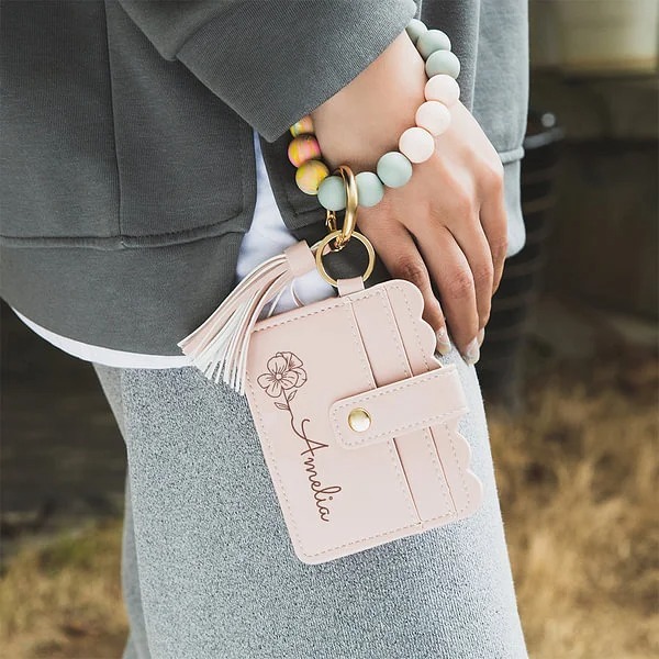 Personalized Birth Flower Keychain Wristlet Leather Wallet with Beaded Bracelet and Name Birthday Mother's Day Gift for Her